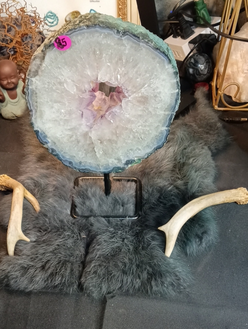 Amethyst Geode Display on Black Metal Stand - White & Purple